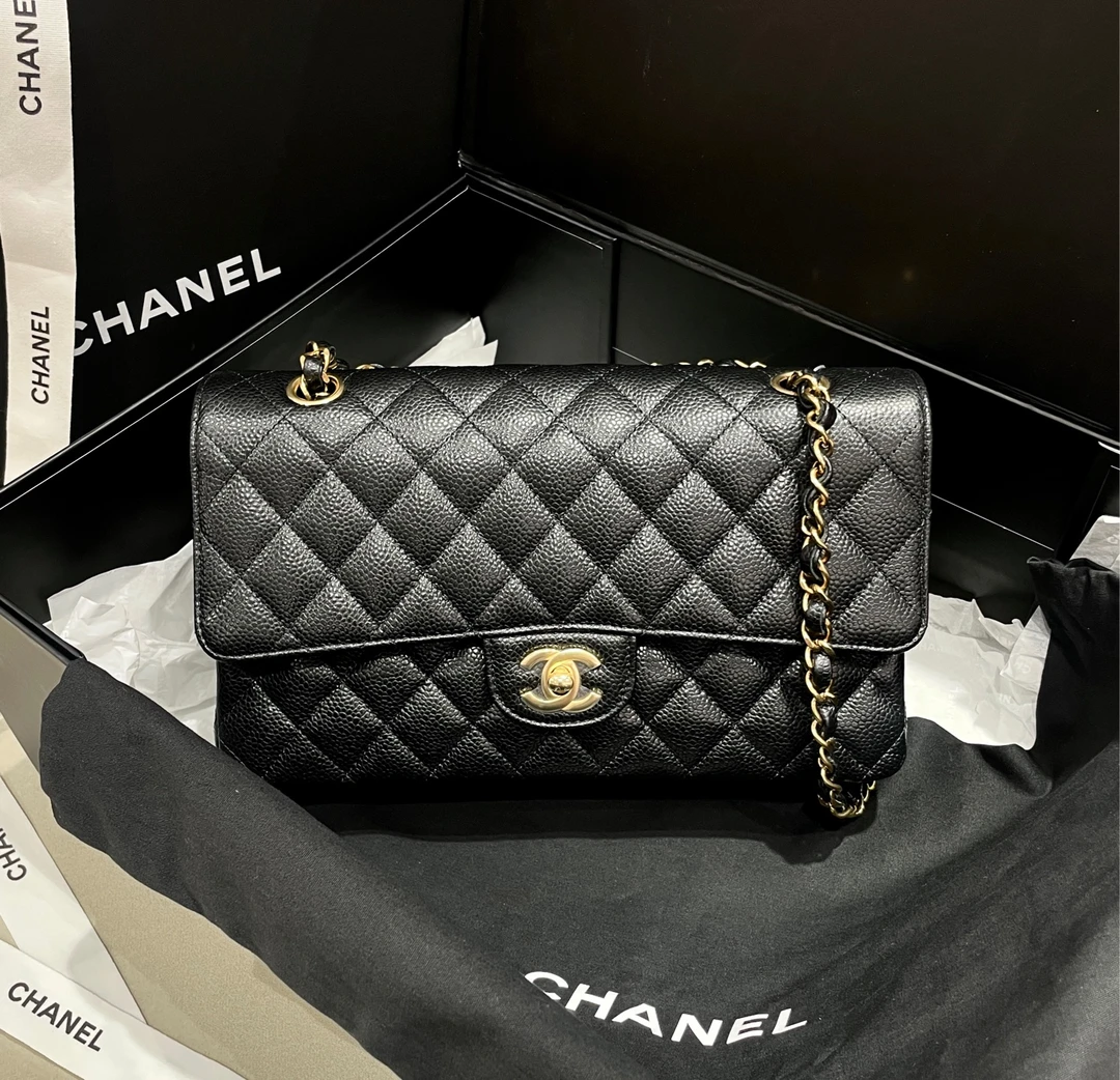 99新 Chanel/香奈儿 黑金荔枝纹牛皮CF中号链条包闲置新/1706