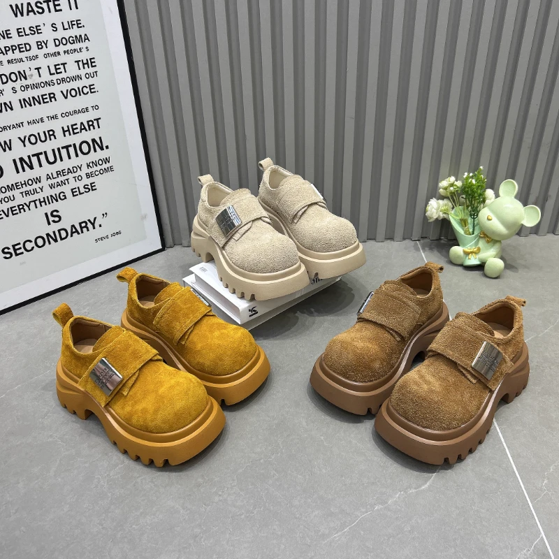 松糕厚底乐福鞋女2025秋新款磨砂皮圆头魔术贴休闲单鞋低帮小皮鞋