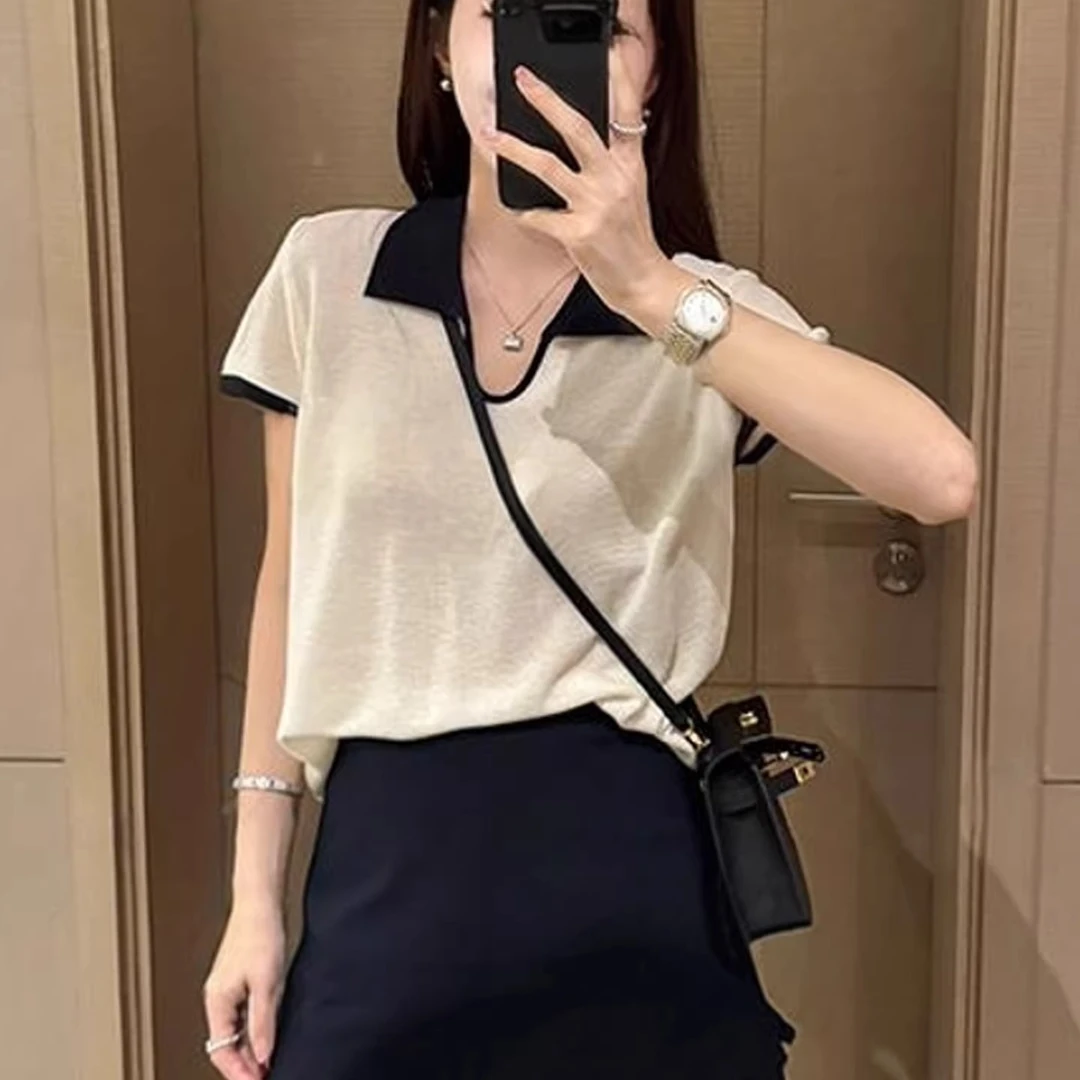 polo领冰丝短袖针织衫女薄款2025新款夏季减龄洋气高级感针织上衣