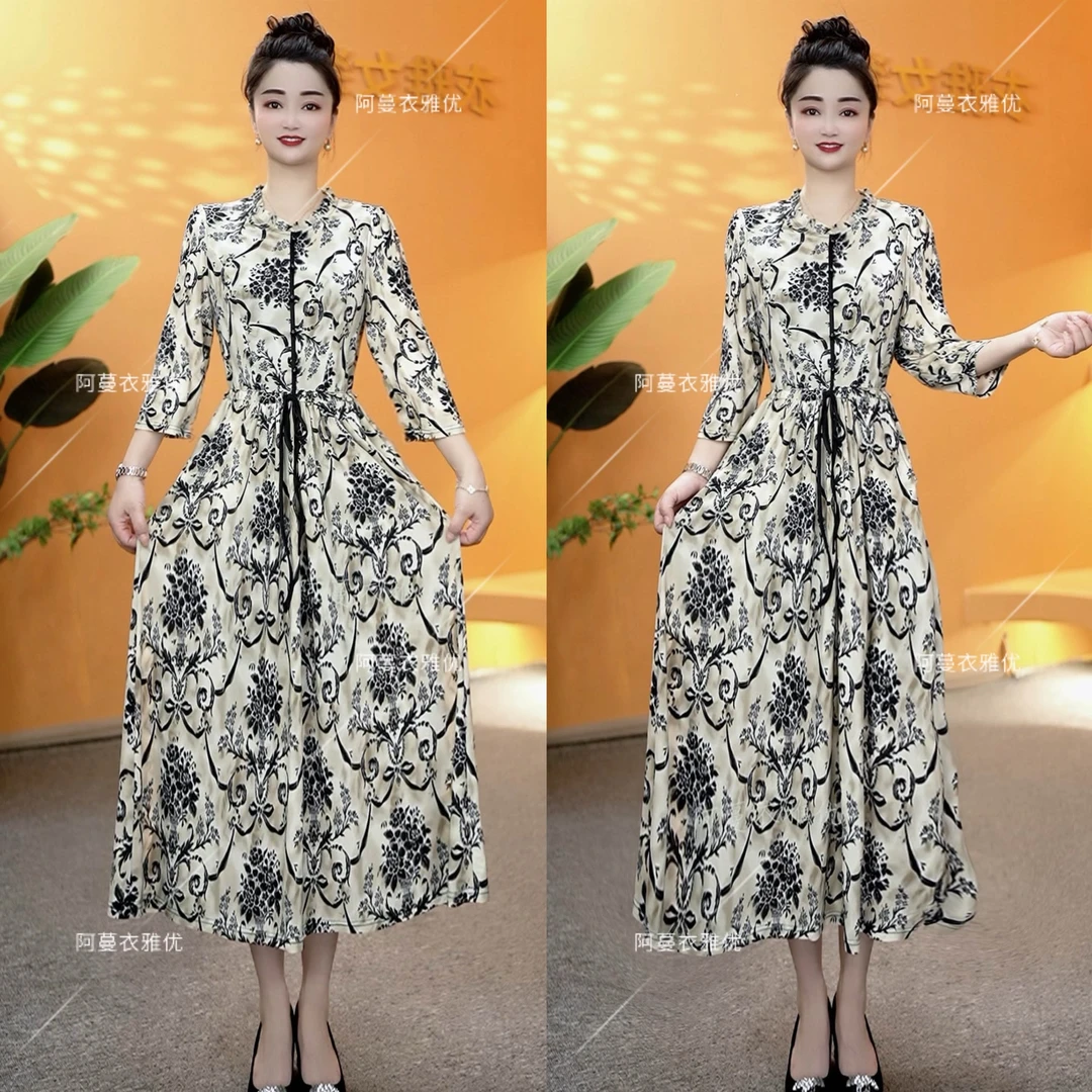 【衣雅严选】8083-1685#新款中袖系带气质显瘦冰感丝弹力缎连衣裙