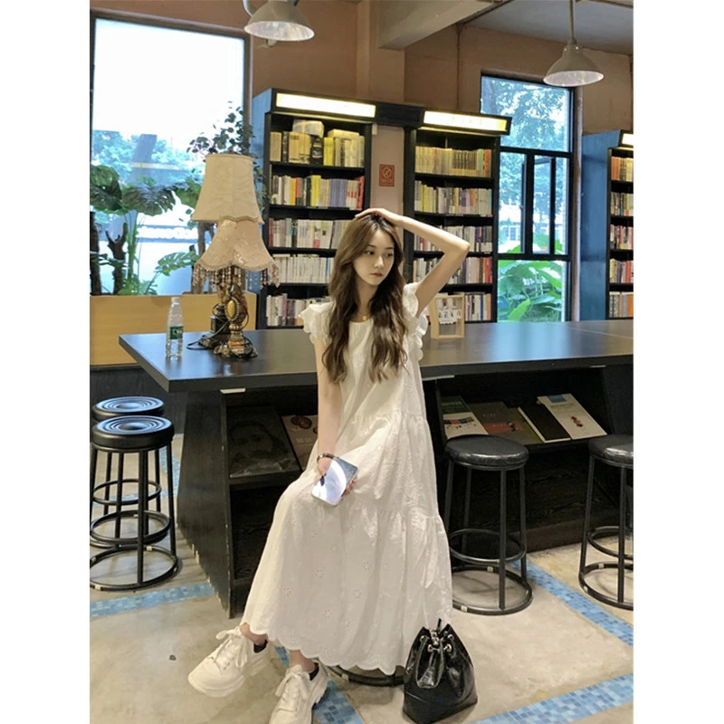 小飞袖白色连衣裙女夏季胖大童宽松大码法式甜美初中女孩奶甜裙子