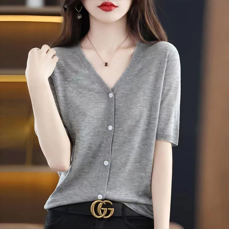 v领短袖针织开衫女薄款外套夏季新款轻熟风外搭短款气质上衣