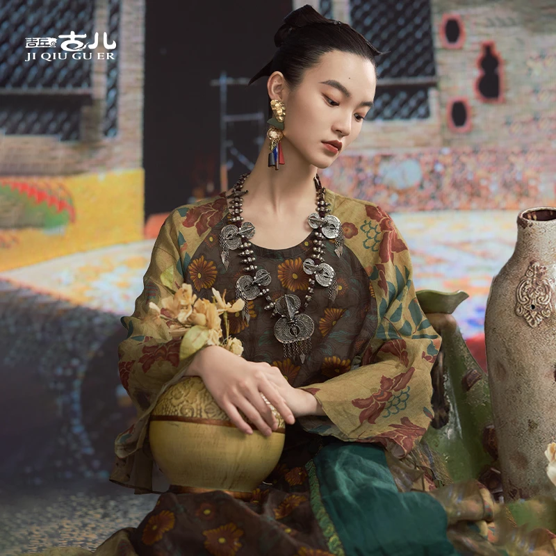 吉丘古儿野逸新中式上衣长袖衬衫复古时尚百搭老钱风小衫G252Y003