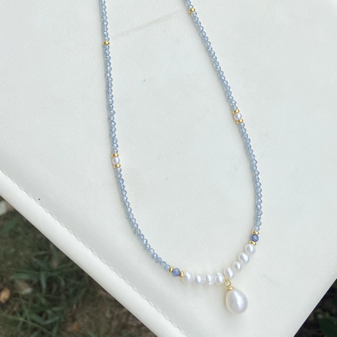 X172 天然淡水珍珠带吊坠项链蓝色简约百搭小米珠