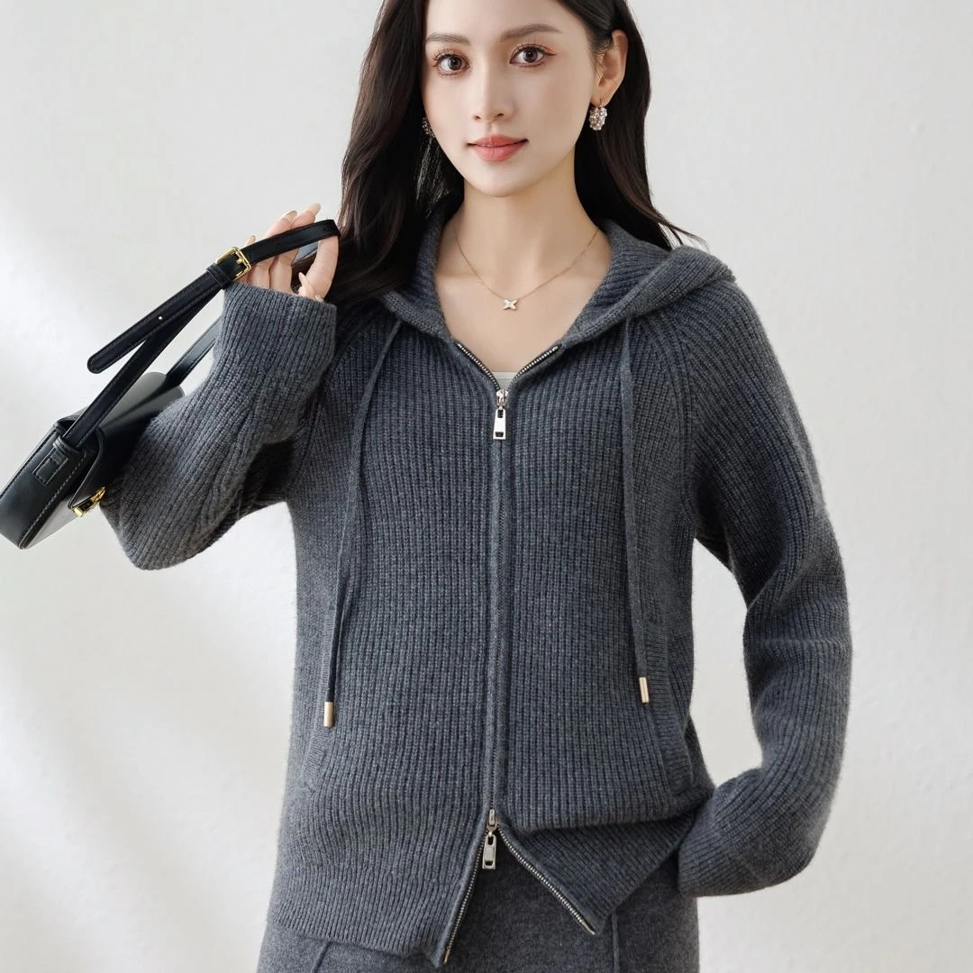 【100% 山羊绒】秋冬连帽拉链针织套装女宽松羊绒卫衣 CKM0015