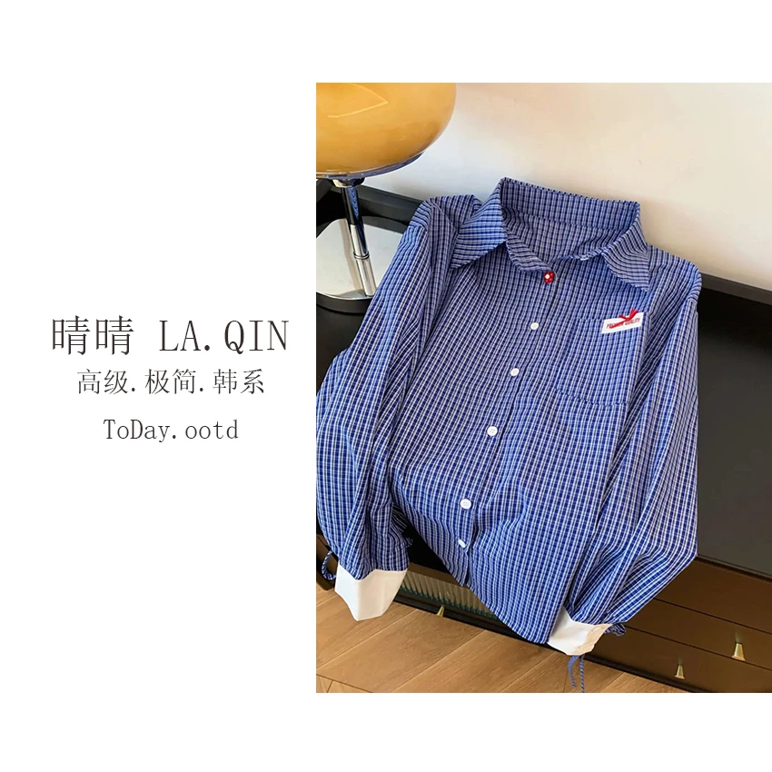 晴晴家-【格格必入】韩系时尚潮流新款慵懒感系扣翻领格子衬衫5108