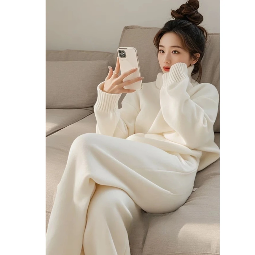 2024冬季穿搭一整套高级感名媛气质韩系慵懒白色高领毛衣裤子套装