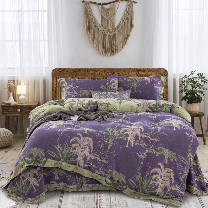 【奇幻丛林-紫】全棉色织A类提花双层纱四件套柔软舒适裸睡床单