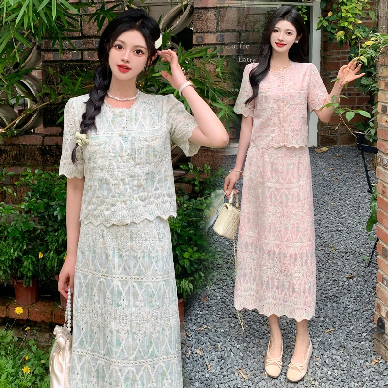 实拍~大码温柔系套装女夏季蕾丝短袖上衣半身裙胖MM藏肉两件套显