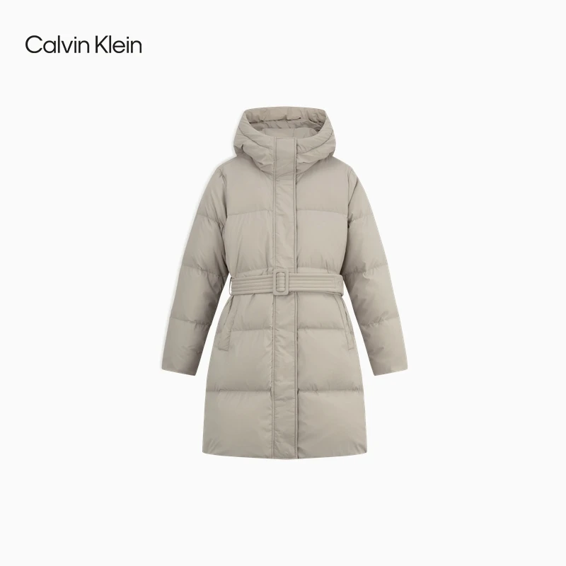 CK Jeans秋冬女士刺绣系带收腰连帽中长款羽绒服外套
