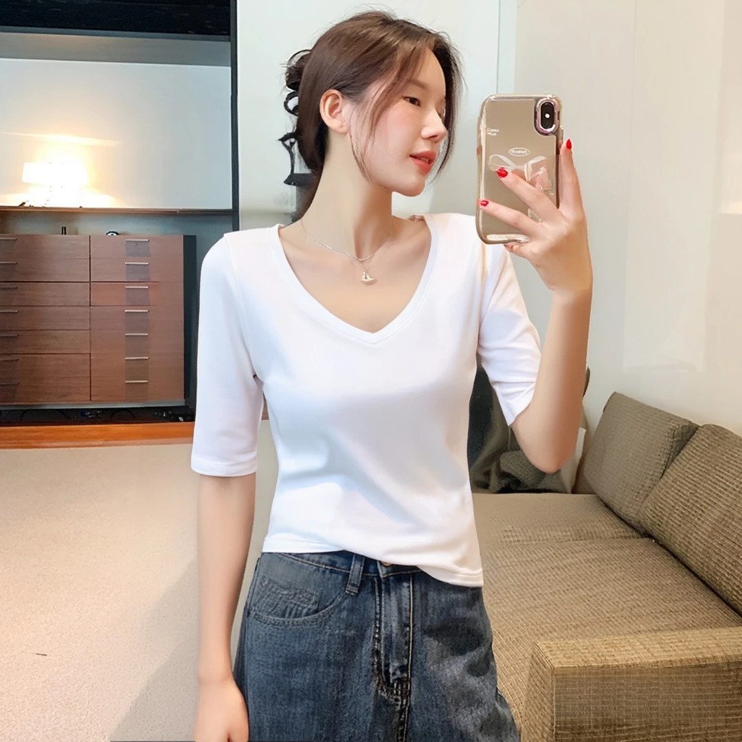纯棉中袖白色t恤女低领紧身上衣服v领打底衫大领口内搭春秋五分袖