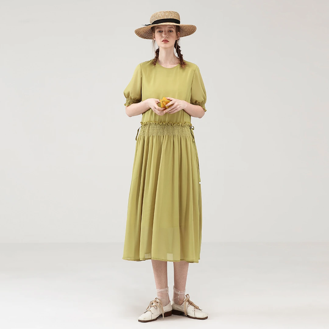 EIN/言【浪漫法式】抽褶收腰法式抽绳文艺短袖连衣裙秋款