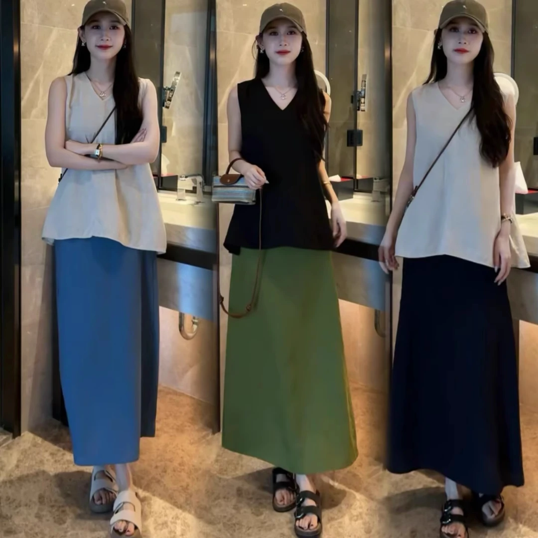 慵懒风时尚套装女夏季新款洋气V领收腰无袖上衣半身裙休闲两件套