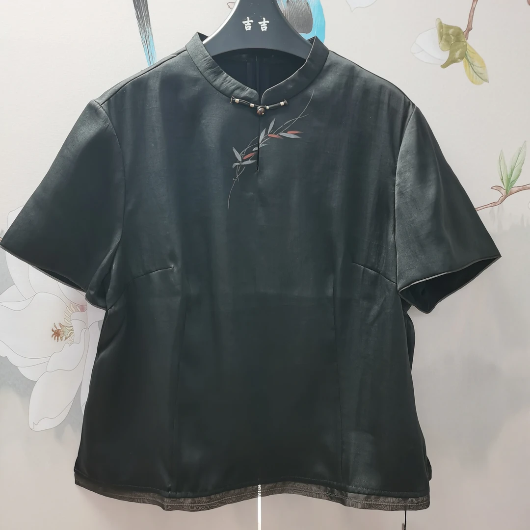 伊美香云纱云337088桑蚕丝重缎手绘时尚气质款短上衣2025夏季新款