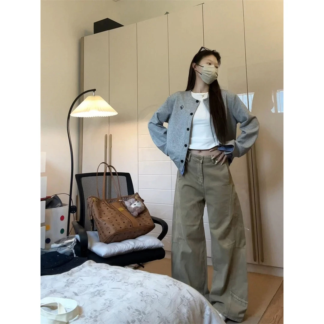 韩系慵懒松弛感格子假两件卫衣外套女早秋季穿搭宽松灰色开衫上衣