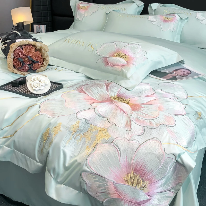 高级感新款A类长绒棉四件套全棉小清新刺绣被套纯棉床单轻奢床品4