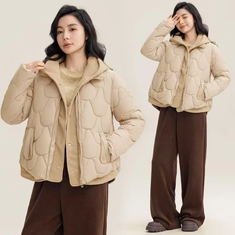 2024冬季新款棉服女针织连帽短款时尚百搭加厚保暖韩版宽松棉衣