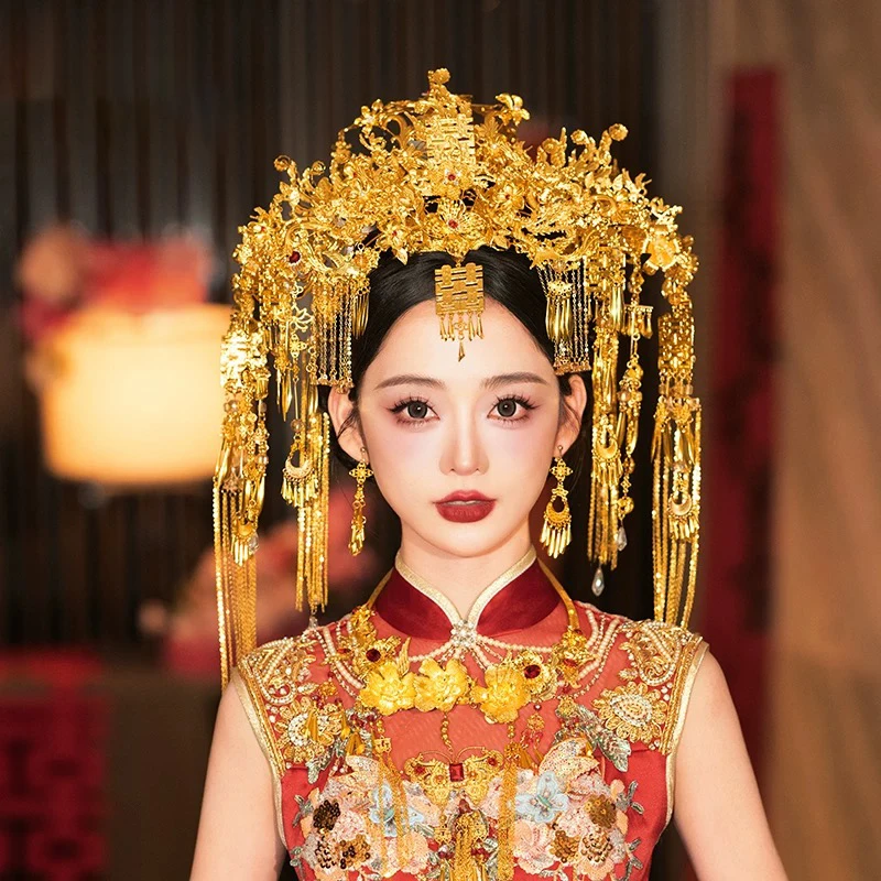 中式婚礼金色喜字凤冠新娘古典汉服龙凤褂奢华高级头饰20241214