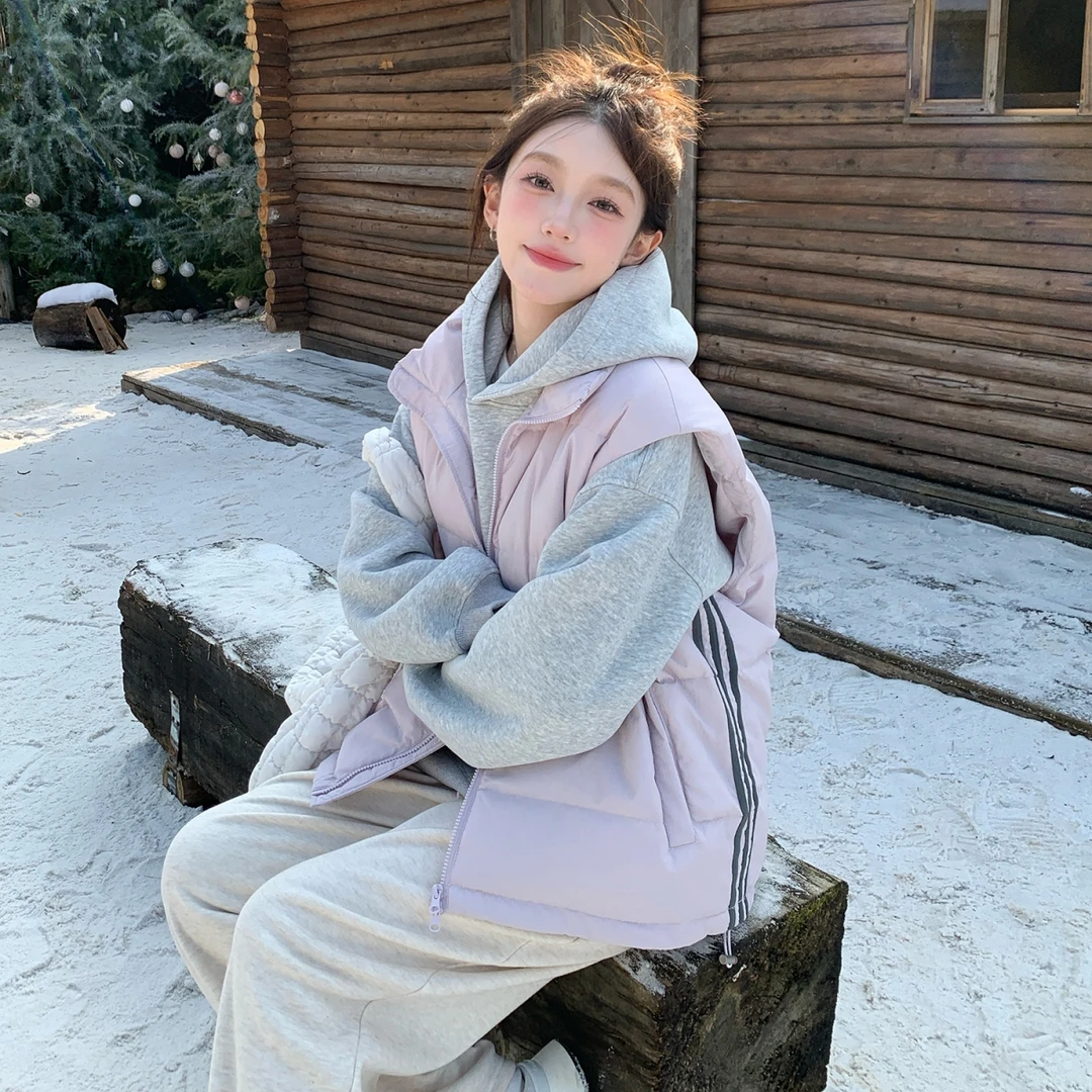 高级感超好看 胖mm大码新款三条杠时尚百搭棉服马甲女秋冬外套606