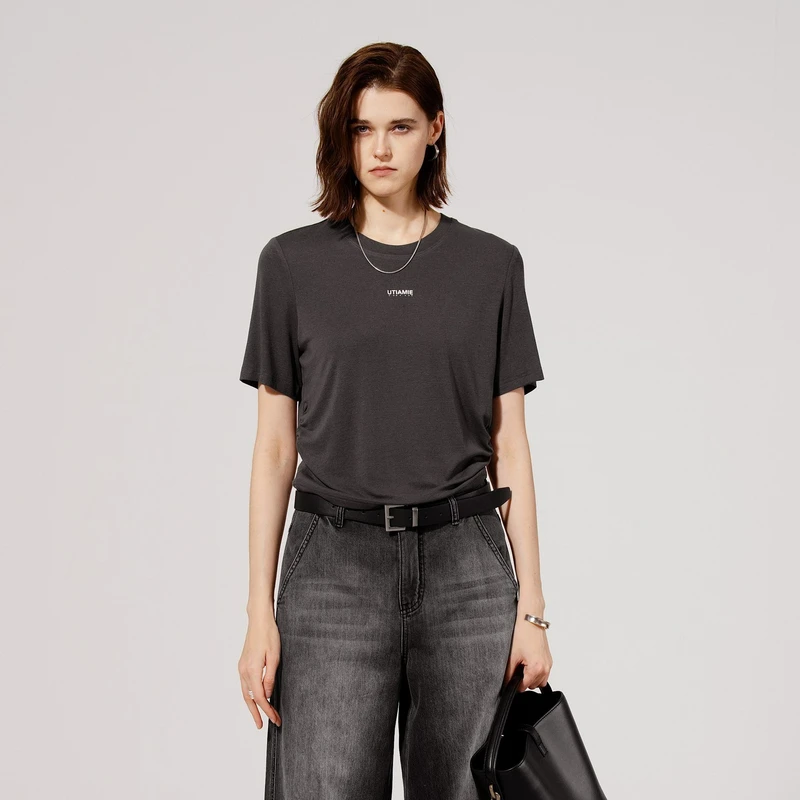 U/TI夏新款极简腔调抽褶设计百搭舒适短袖T恤女