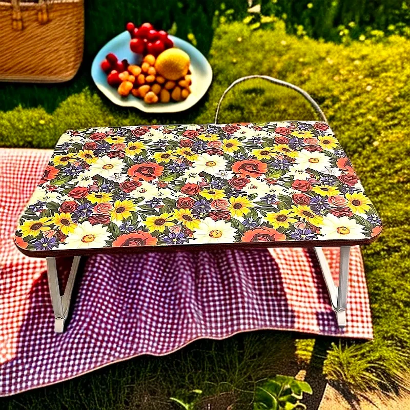 繁花简易折叠桌露营客厅学习桌置物架移动迷你茶几小户型折叠桌