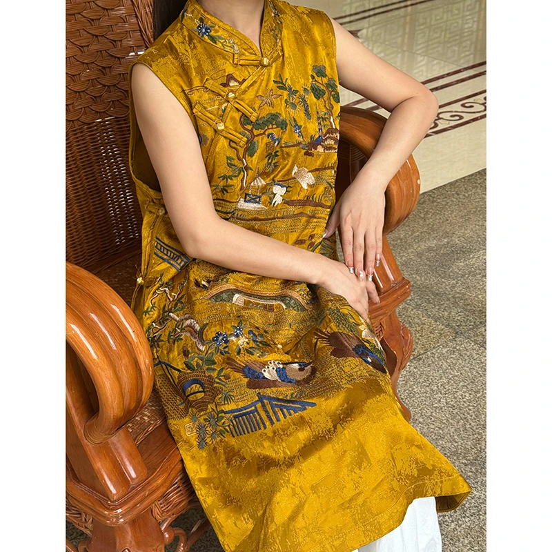 新中式国风女装高级感轻奢缎面重工刺绣国风马甲中式连衣裙上衣