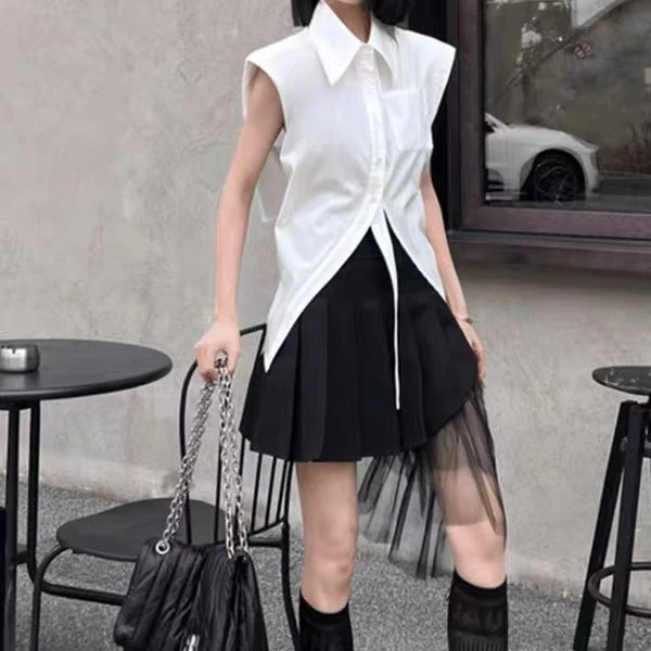 606/8023-1/135 无袖polo领衬衫女设计感不规则洋气上衣