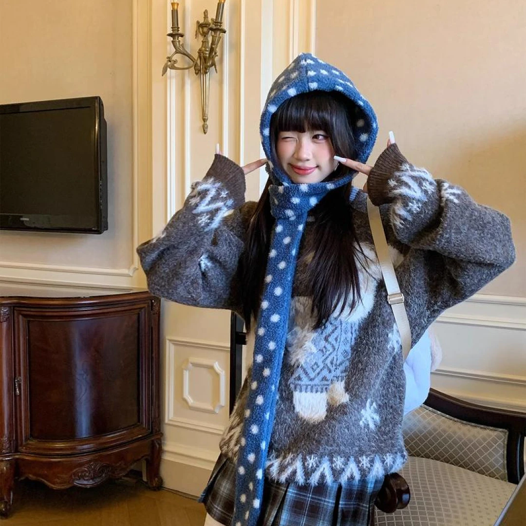 秋冬复古仿毛小狗雪花毛衣女软糯亚萌感慵懒针织上衣加厚韩版冬季