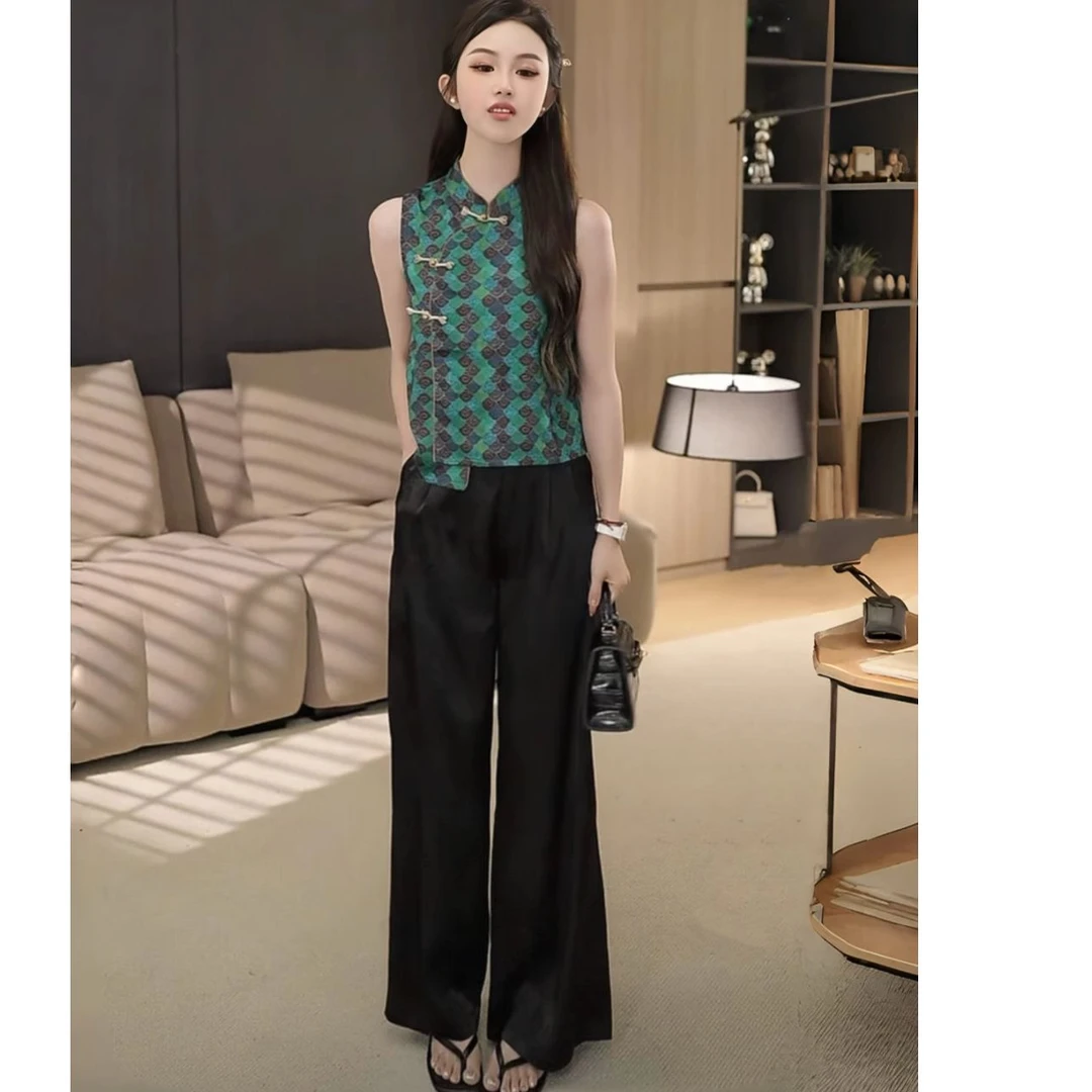 盘扣提花无袖上衣阔腿裤气质两件套新中式国风套装女2025夏季新款