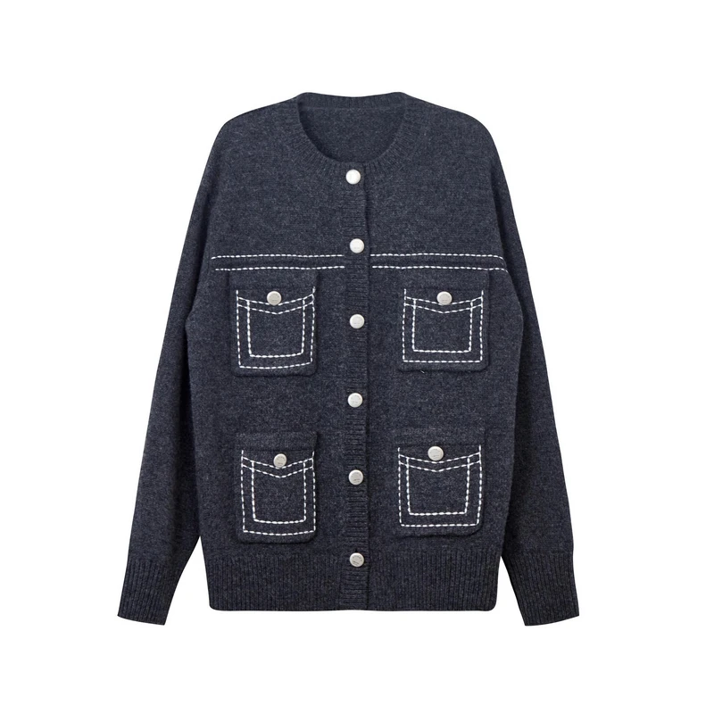 专柜新款U/TI尤缇2025春季深灰色绵羊毛毛衫设计感小香风针织衫女