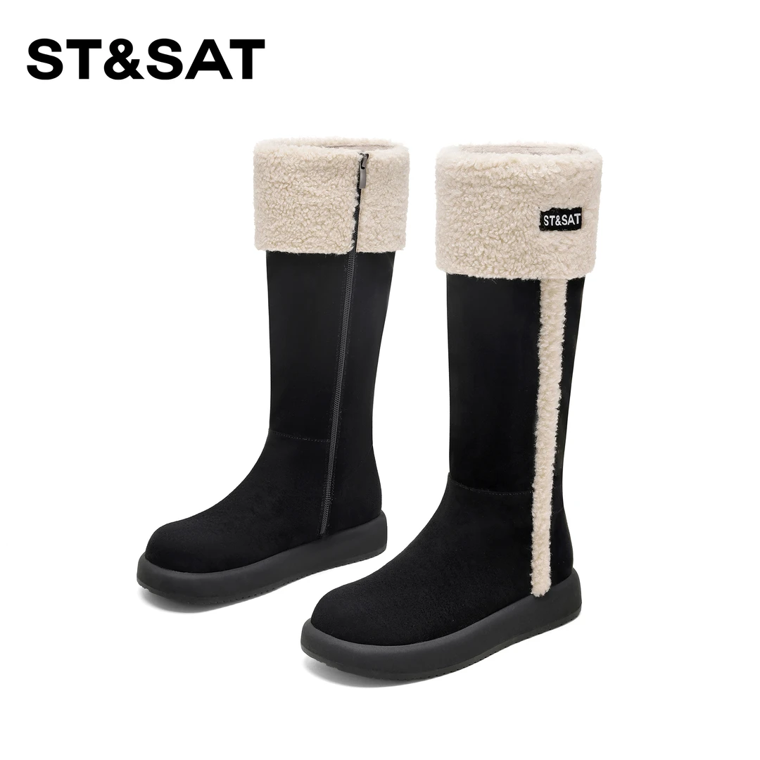 St&Sat/星期六时尚潮流加绒长筒靴2025新款百搭保暖时装靴厚底