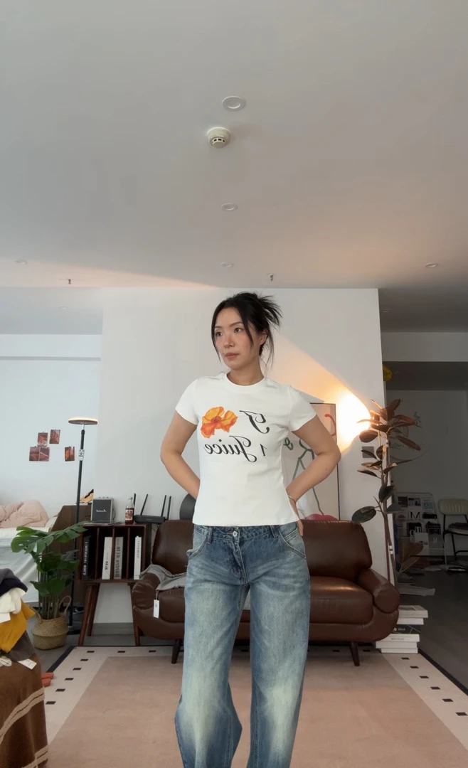 WX 2025 一朵小花 A 字型弹力小短袖 T恤