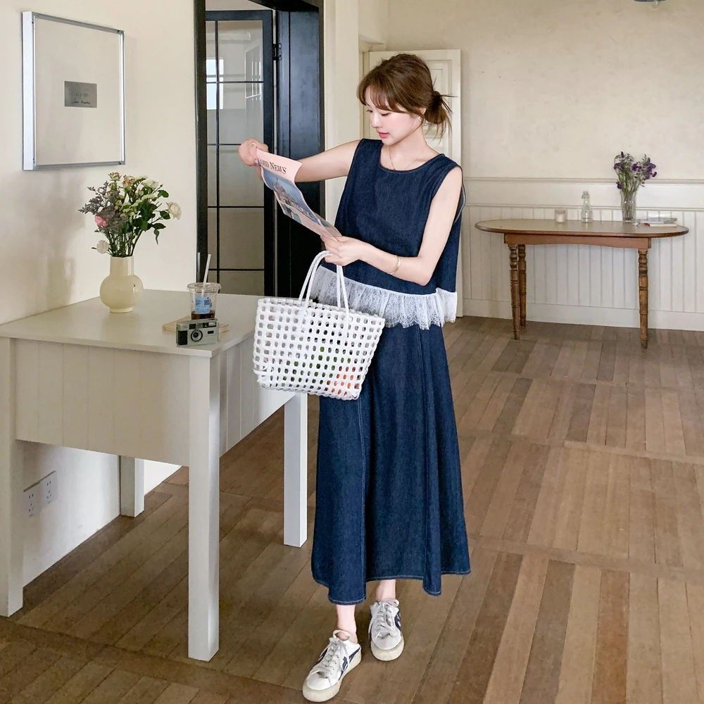 深蓝色蕾丝拼接无袖背心套装裙女2025夏季新款大方得体穿搭一整套