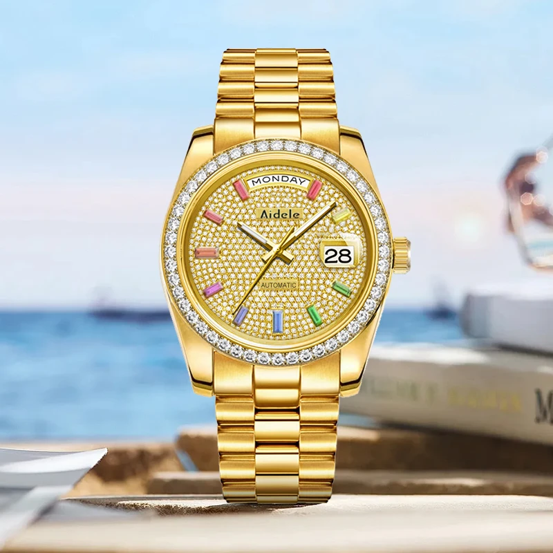 A-男士时尚金色经典满镶多功能防水男士轻奢全自动机械手表A680