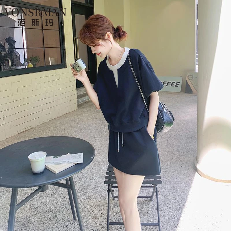 休闲运动风假两件短袖T恤短裤套装两件套女夏季减龄俏皮小个子