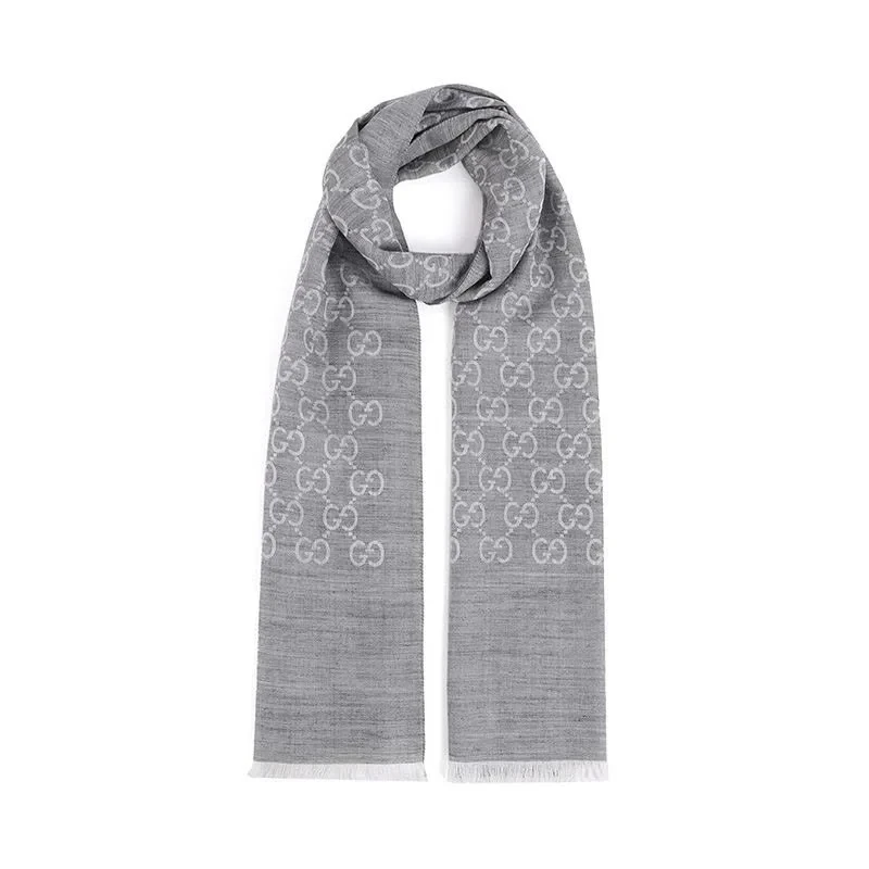 GUCCI/古驰女士围巾 双G双面织花羊毛流苏围巾 (浅灰色) 165904