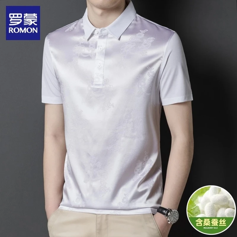 罗蒙桑蚕丝暗纹t恤男士短袖夏季薄款休闲半袖高档冰丝polo衫男装