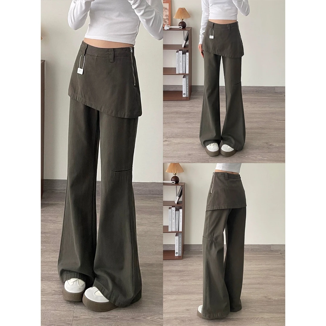 秋冬季新款美式假两件微喇牛仔裤女梨型大码宽松显瘦百搭喇叭裤子