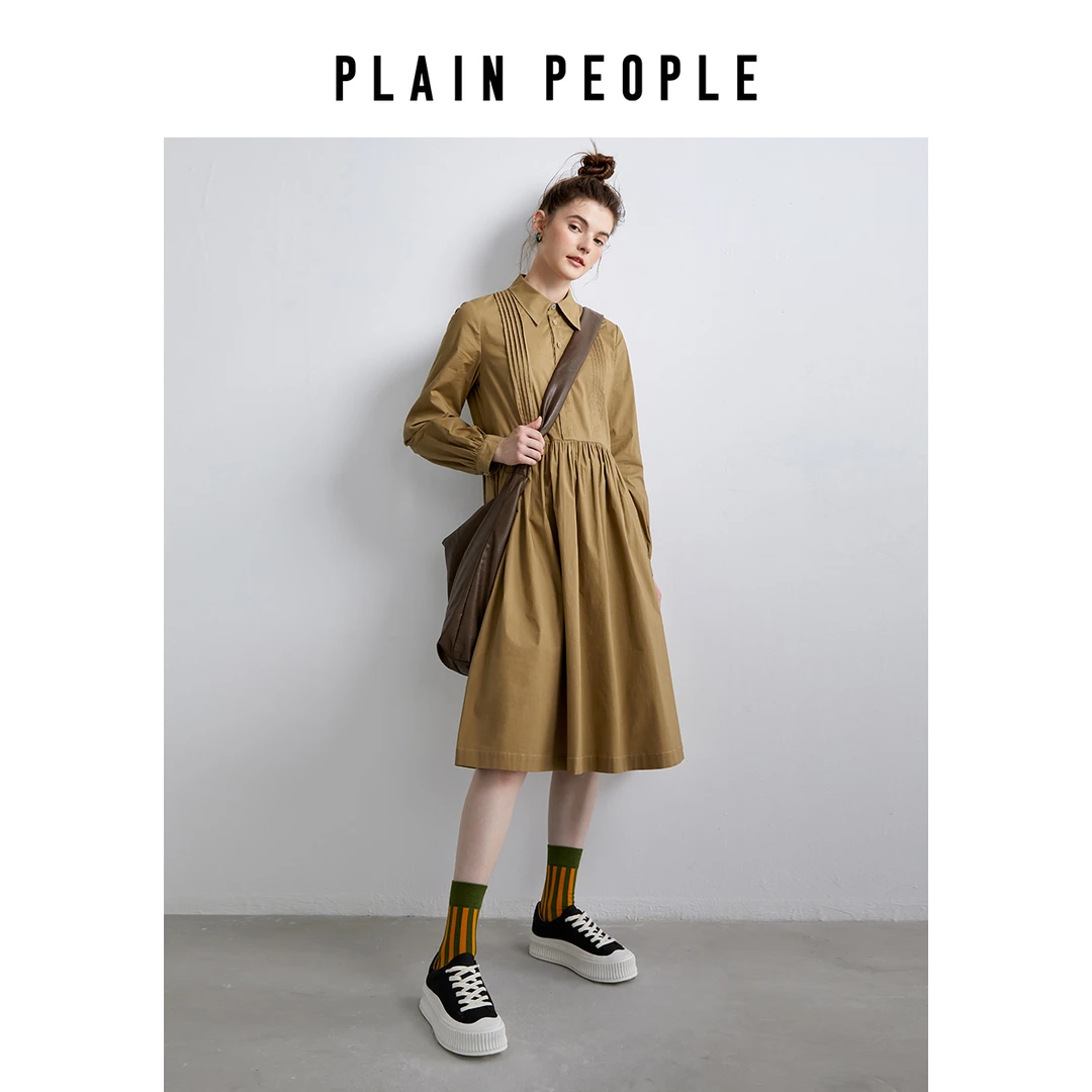 plainpeople卡其色衬衫长袖连衣裙女学院风2022秋冬UD1503B11