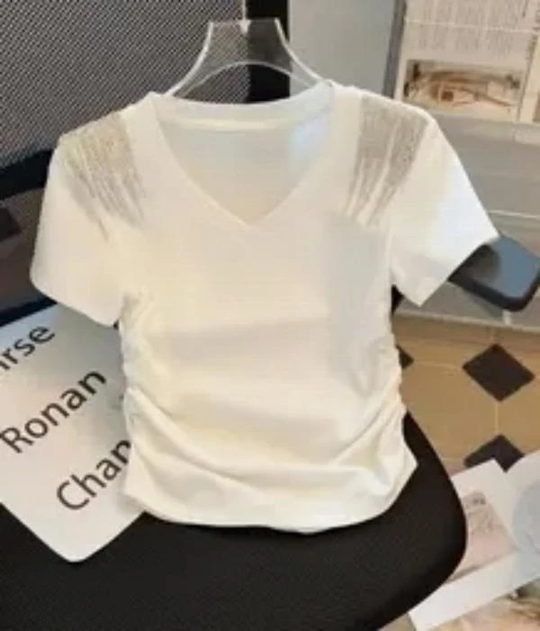 [F115]肩膀烫钻v领短袖t恤女不规则抽褶夏季薄款纯欲短款上衣