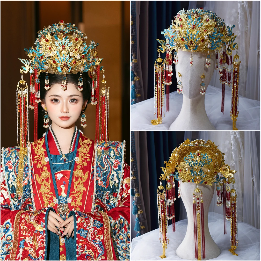 新款汉服发饰婚礼明制中式新娘古风头饰秀禾凤冠结婚大气金色配饰
