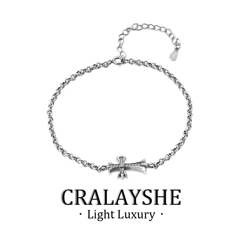 925银莫桑石手链 十字街头复古做旧手链潮流个性设计男士潮送男友