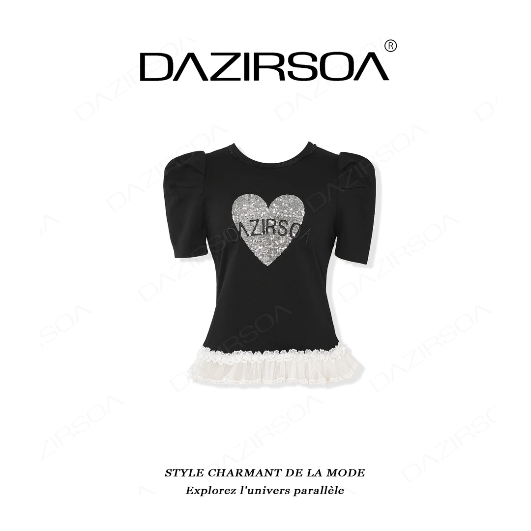 “轻舞春裳”时尚百搭拼接法绣亮片爱心个性上衣 Y011