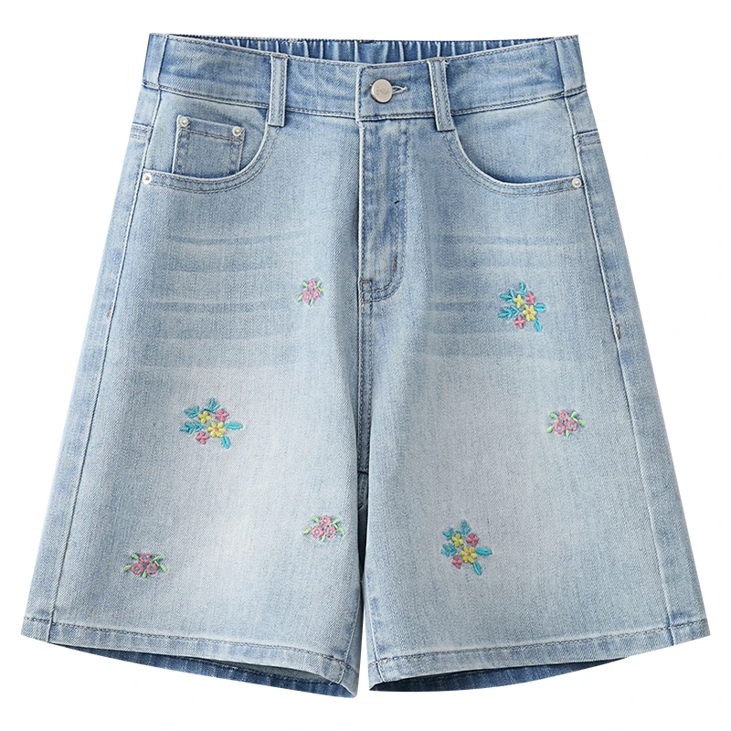 拉夏贝尔新中式国风碎花刺绣牛仔短裤2025夏新款高腰时尚阔腿短裤