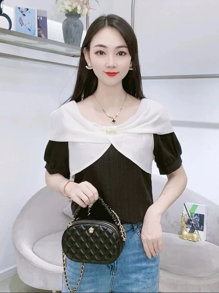 法式洋气质蝴蝶结圆领衬衫女2025夏季新款显瘦减龄设计感衬衣小衫