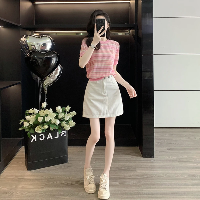 夏季轻熟风穿搭一整套女减龄显瘦小个子粉色短袖牛仔短裙两件套
