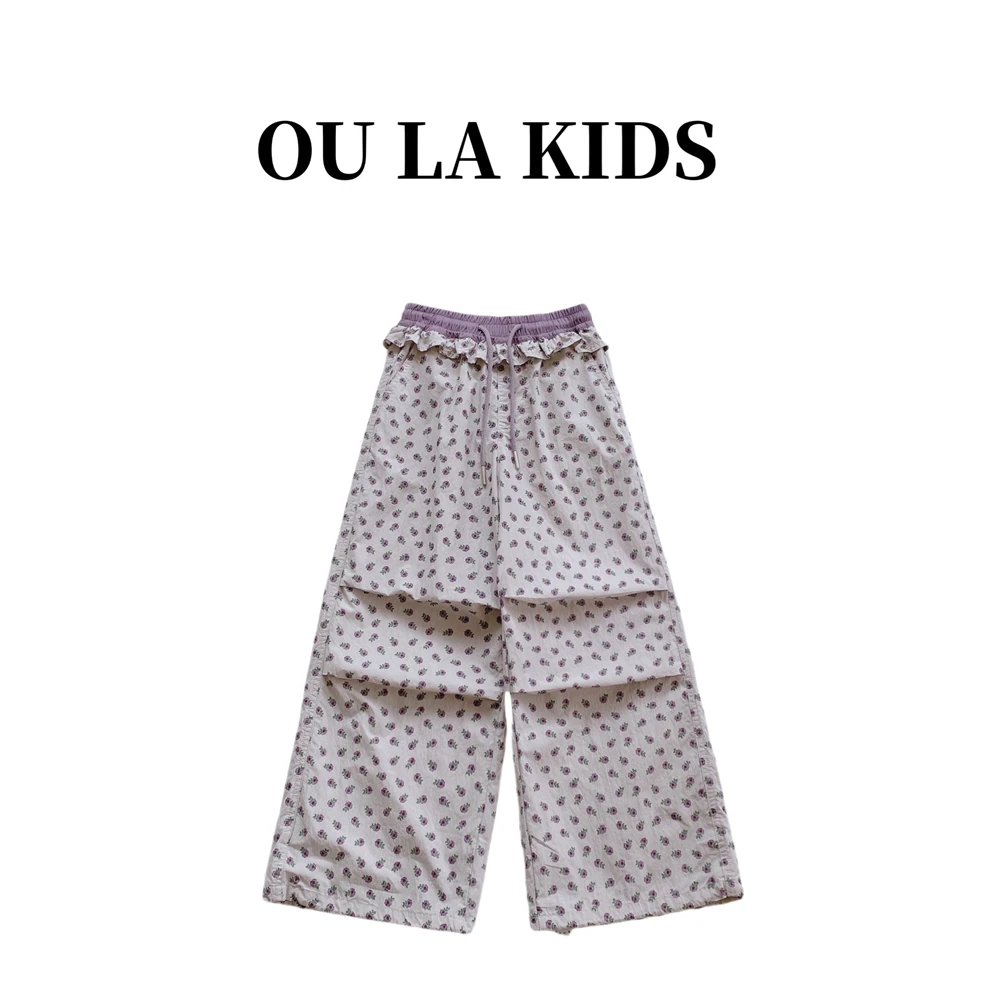 22025夏季新品女童装韩版碎花花边宽松阔腿裤休闲伞兵裤长裤7855