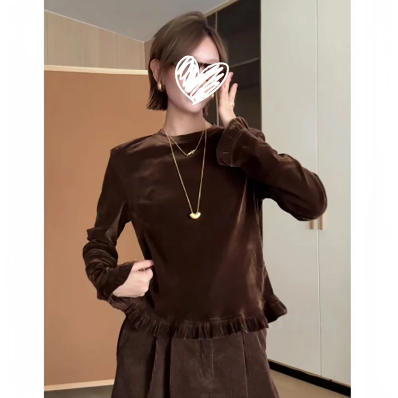 秋季新款欧货设计感圆领花边百搭丝绒上衣女