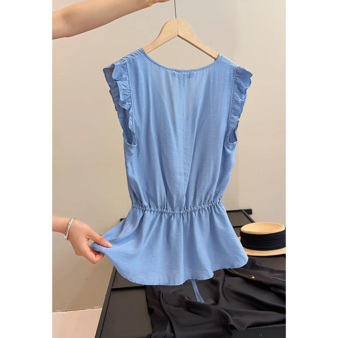 轻熟风优雅气质套头V领收腰系带荷叶边饰系带收腰无袖衬衫女