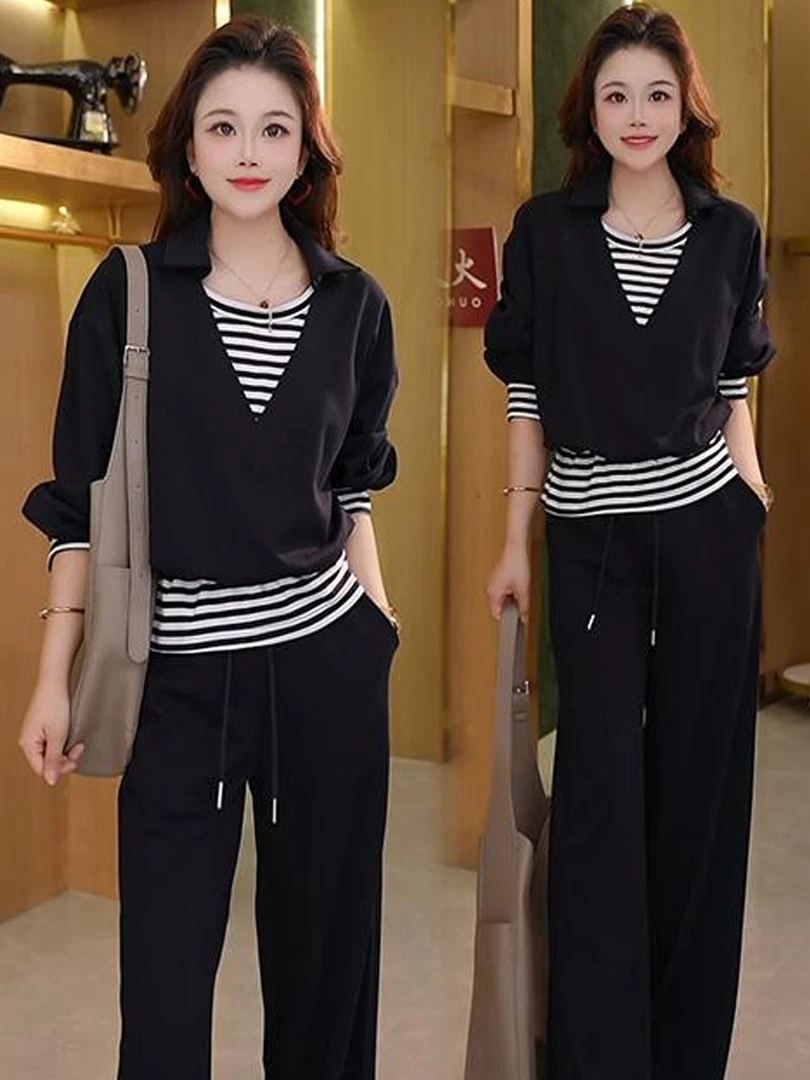 时尚休闲套装女2025秋季新款洋气条纹拼接假两件上衣阔腿裤两件套